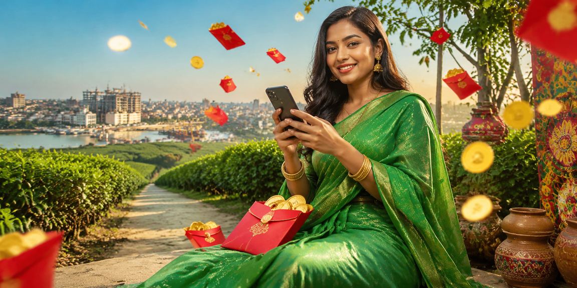 নারায়ণগঞ্জে শাড়ি পরিহিত নারী y73 - এ রেড এনভেলপ বোনাস পেয়ে উৎসব উদযাপন করছেন
